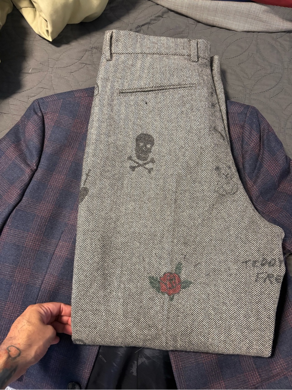 Teddy Fresh Gray Herringbone Dress Pants with Embroidered Motifs